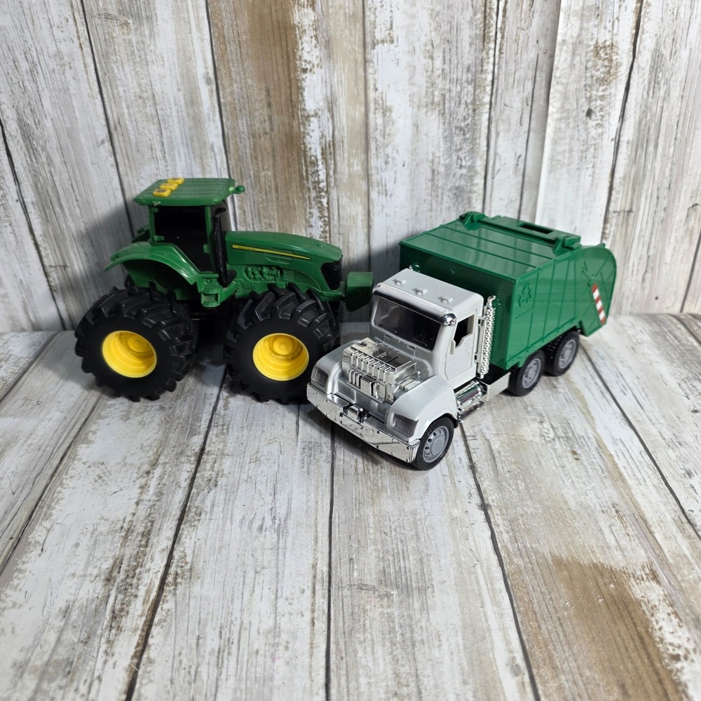 John Deere Tractor with Sound and Green Recycling Garbage Truck Toy Vehicle Set